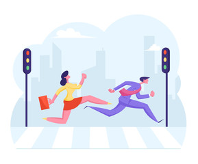 Busy City Crowd Move to Pedestrian Crosswalk. Businessman and Businesswoman Holding Briefcase Running Fast over Road with Zebra and Traffic Lights Hurry Up at Work. Cartoon Flat Vector Illustration