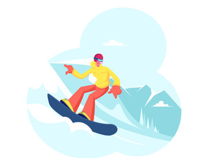 Happy Girl Riding Snowboard by Snow Slopes during Winter Time Season Holidays. Sportswoman Having Fun on Ski Resort Going Downhill. Travel Activity Entertainment. Cartoon Flat Vector Illustration