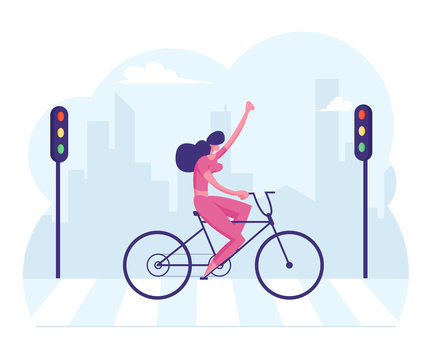 Cheerful Businesswoman Riding Bicycle with Hand Up Crossing City Road by Crosswalk with Zebra Markup and Traffic Lights. Woman Using Eco Transport for Moving at Work. Cartoon Flat Vector Illustration