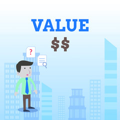 Writing note showing Value Dolar. Business concept for the worth of the process id of the currently running process Young Male Businessman Worker Searching Problem Solution