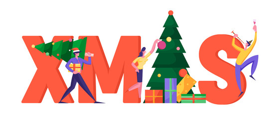 Office Christmas Party Celebration Concept. Joyful Manager Characters in Santa Hats Celebrating New Year around Huge Xmas Typography Poster Banner Flyer Brochure. Cartoon Flat Vector Illustration