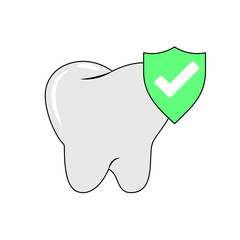 Tooth with shield icon isolated on white background. Medical concept. Dental care. Vector flat design