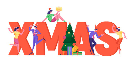 Winter Season Holidays, Xmas Corporate Celebration Concept. Tiny Business People Celebrating Christmas Poster Banner Flyer Brochure Poster, Banner, Flyer, Brochure. Cartoon Flat Vector Illustration