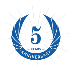 5th year anniversary celebration design. Five years logotype. Blue vector and illustration.