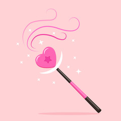 Magic wand with heart, star isolated on pink background. Mystery entertainment concept. Vector flat design