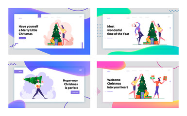 Cheerful Colleagues Celebrate Xmas Party in Office Website Landing Page Set. Happy People Having Fun. Joyful Managers Dance and Decorate Christmas Tree Web Page Banner Cartoon Flat Vector Illustration