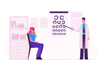 Ophthalmologist Doctor Check Eyesight for Eyeglasses Diopter. Male Oculist with Pointer Checkup Eye Sight. Professional Optician Exam Patient for Treatment Vision Cartoon Flat Vector Illustration