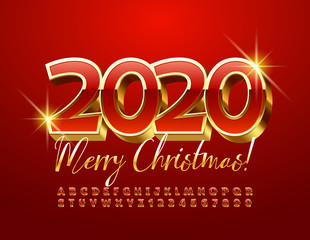 Vector chic greeting card Merry Christmas 2020! Golden and Red 3D Font. Premium Uppercase Alphabet Letters and Numbers