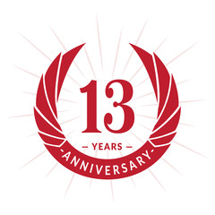 13th years anniversary celebration design. Thirteen years logotype. Red vector and illustration.