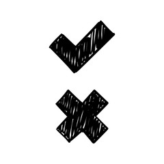 Tick and cross, checkmark doodle icons. Approved and rejected symbols.