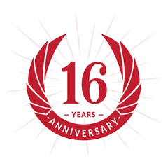 16th years anniversary celebration design. Sixteen years logotype. Red vector and illustration.