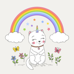 Cute unicorn cat with rainbow, clouds, flower, butterfly. Cartoon vector illustration