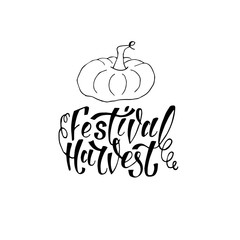 Hand sketched autumn lettering Harvest Festival with pumpkin drawing. Modern brush calligraphy. Handwritten vector illustration isolated on white background for cards, posters, banners, logo, tags.