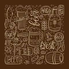 Illustration with beer and hand-drawn lettering on dark background. Beer and Snack. Background for bar, pub, cafe, fest and party. Vector cartoon Illustration.