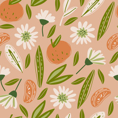 Mandarin seamless pattern. Floral art print. Floral design for wrapping paper, fabrics, covers and cards. Hand-drawn illustration.