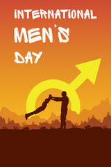 Card with text International Men's Day and gender symbol of Mars. Silhouette of men and boy on background of adventure landscape with mountains, forest and sky. Dad twirls his son in his arms. 