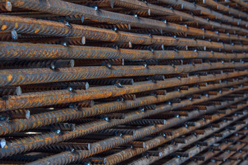  Industrial background. Rebar texture. Rusty rebar for concrete pouring. Steel reinforcement bars. Construction rebar steel work reinforcement. Closeup of Steel rebars.