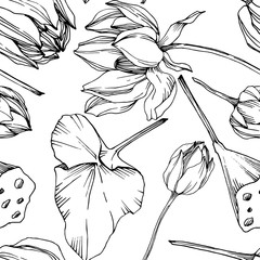 Vector Lotus floral botanical flower. Black and white engraved ink art. Seamless background pattern.