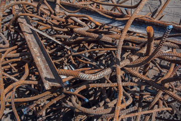 Industrial background. Rebar texture. Old rusty rebar for concrete pouring. Steel reinforcement...