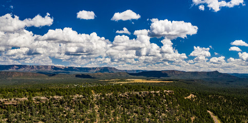 View of Mogollin Rim above the Houston Mesa near Payson, Arizona with blue sky, white clouds, pnderosa pines and cliffs