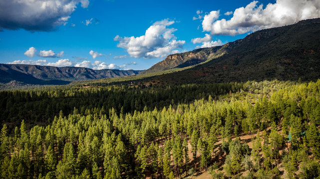 Aerial view of the Tonto National Forest from above the Pine Trailhead in Arizona with blue sky,  white clouds and green ponderosa pines 