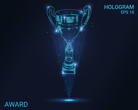 Hologram reward. Holographic projection award. Flickering energy flux of particles. Scientific registration of prizes.