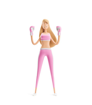 Girl in boxing gloves.Yoga, sport and fitness concept. Cartoon girl character. 3d illustration.