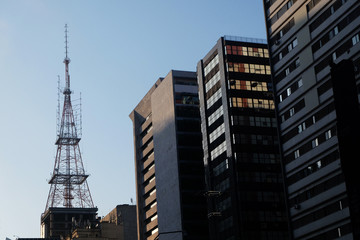 Metal tower or turret telecommunications satellite dishes reception and emission located on the...