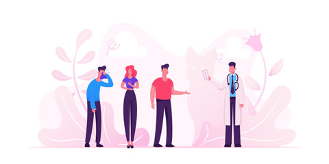 Allergy Concept with Sick Patients Visiting Doctor. Intolerance Persons Illness with Cough, Cold and Sneeze Symptoms. Allergen Drugs Pharmacy Therapy and Tissue Help. Cartoon Flat Vector Illustration