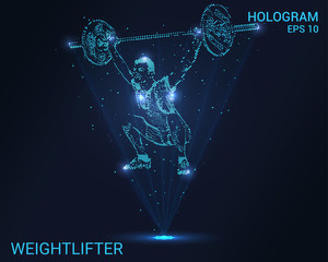 Hologram weightlifter. A holographic projection of power sports. Flickering energy flux of particles. Scientific registration of sports.