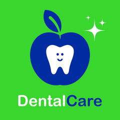 Dental care logo with icon of fresh apple and smiling tooth. vector, illustration
