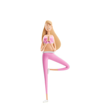 A sports girl stands in a tree position. Yoga, sport and fitness concept. Cartoon girl character. 3d illustration.