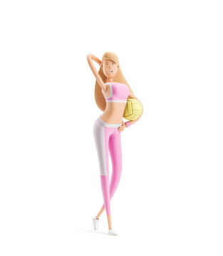 Girl standing with volleyball. Yoga, sport and fitness concept. Cartoon girl character. 3d illustration.