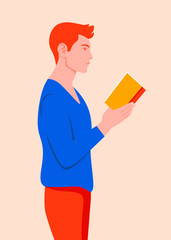 A redhead man stands in profile and holds a book in his hands. Guy reading a book. Student in the university library. Vector flat illustration