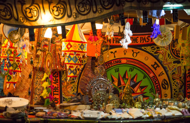 Fototapeta na wymiar Medieval colored souvenirs market during the event 