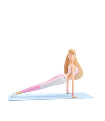 girl does sports exercises. Yoga, sport and fitness concept. Cartoon girl character. 3d illustration.