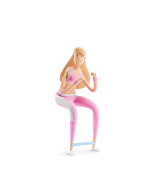 girl doing exercises with elastic. Yoga, sport and fitness concept. Cartoon girl character. 3d illustration..