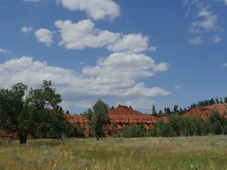 Red rock canyons below the Devils Tower in Wyoming, America's first national monument, seen on a beautiful day.