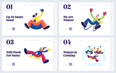 Winter Fun and Active Leisure Website Landing Page Set. Happy People Friends Riding Sled and Tubing Going Downhill Having Fun and Outdoors Recreation Web Page Banner. Cartoon Flat Vector Illustration