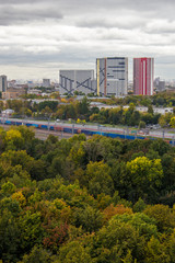 freight train in city behind the park