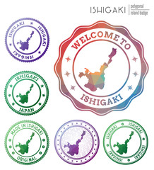 Ishigaki badge. Colorful polygonal island symbol. Multicolored geometric Ishigaki logos set. Vector illustration.