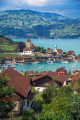 Spiez, Bern / Switzerland - July 3rd, 2019: General view of Spiez on the shore of Lake Thun...