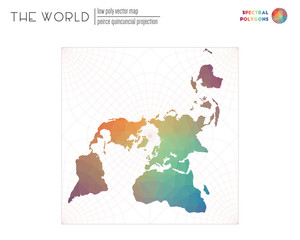 Vector map of the world. Peirce quincuncial projection of the world. Spectral colored polygons. Contemporary vector illustration.