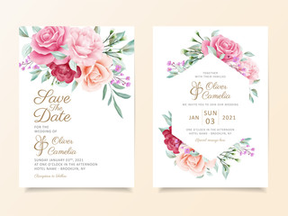 Elegant wedding invitation card template set with watercolor floral arrangements and frame. Greenery floral border save the date, invitation, greeting, respond , thank you cards vector
