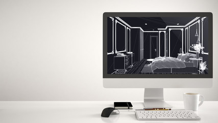 Architect house project concept, desktop computer on white background, work desk showing CAD sketch, classic bedroom with double bed interior design