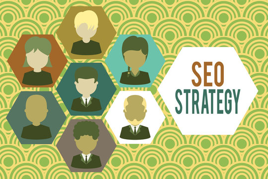 Writing note showing Seo Strategy. Business concept for Techniques and tactics to increase the visitors of a website Picture frames CEO and staff Organization employee structure