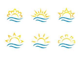Sunrise and sea cartoon logo temlates collection. Water waves and sunbeam icons set.