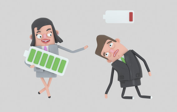 Businesswoman with high full level energy battery and tired businessman with low battery. Isolated.3d illustration