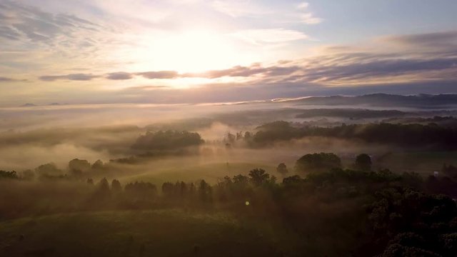 Aerial view of smoky farmland sunrise in eastern Tennessee