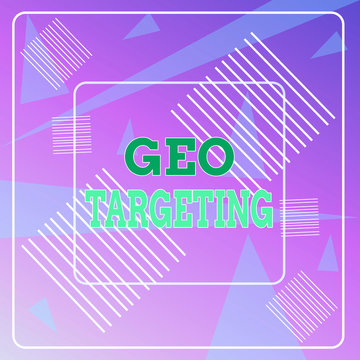 Word writing text Geo Targeting. Business photo showcasing Digital Ads Views IP Address Adwords Campaigns Location Geometric Background Pastel Pink 12 Dash Squares SemiTransparent Triangles